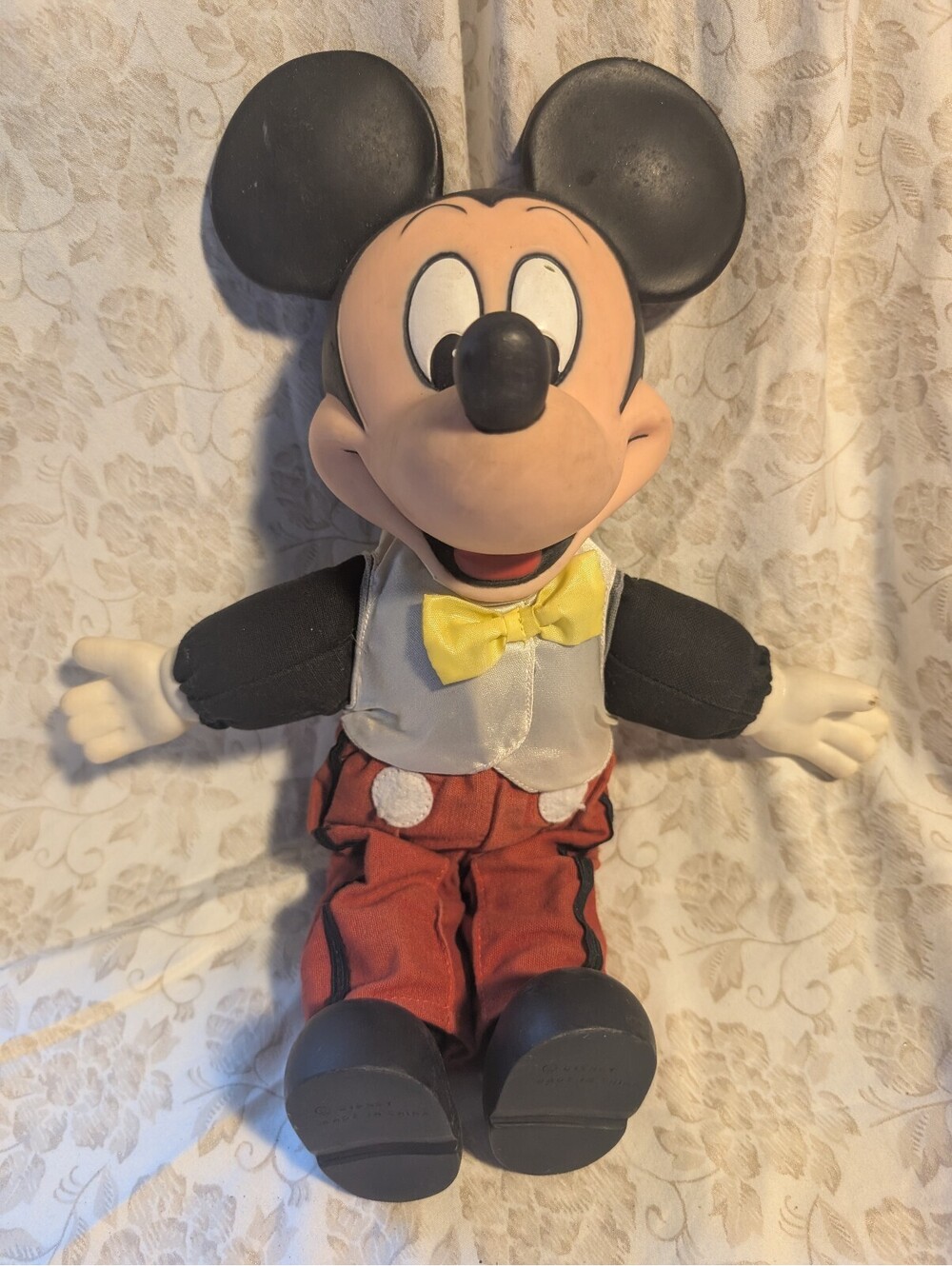 Vintage Disney Mickey Mouse Plush Doll with Red Pants and Yellow Bow Tie